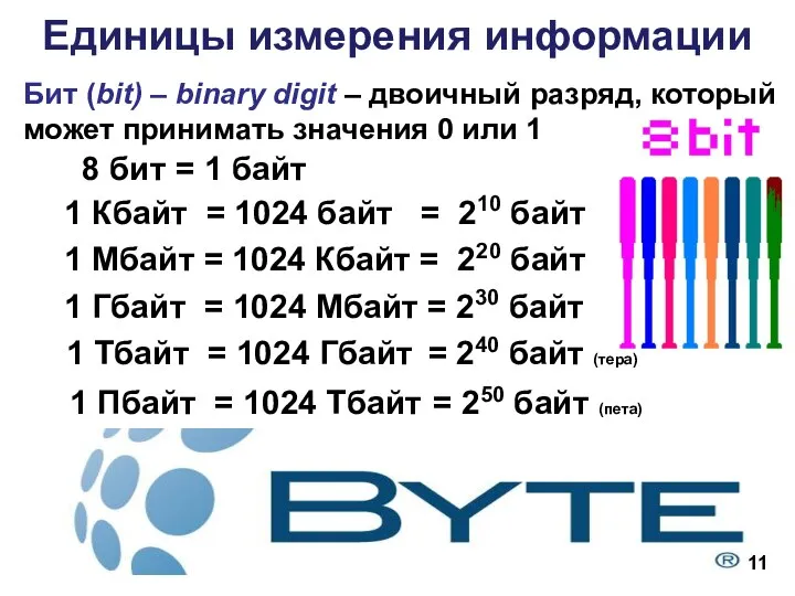 Единицы измерения информации 8 бит = 1 байт 1 Кбайт =