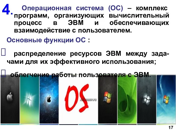 Операционная система (ОС) – комплекс программ, организующих вычислительный процесс в ЭВМ