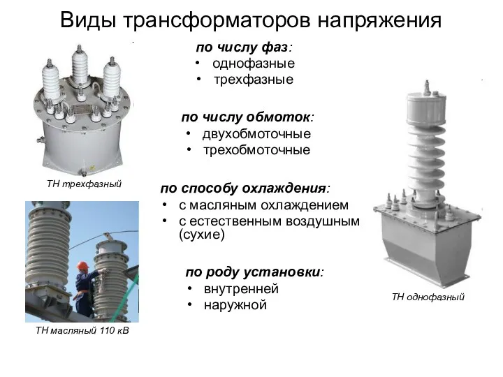 Виды трансформаторов напряжения по числу фаз: однофазные трехфазные по числу обмоток: