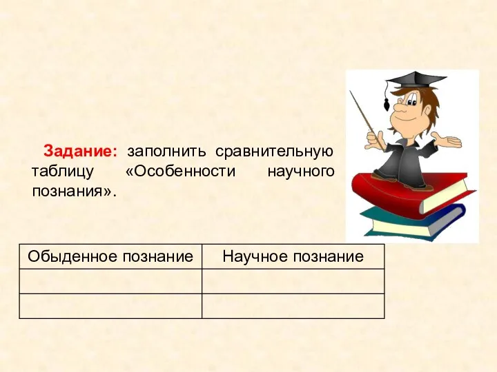 Задание: заполнить сравнительную таблицу «Особенности научного познания».