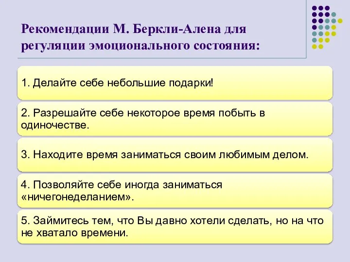 Рекомендации М. Беркли-Алена для регуляции эмоционального состояния: