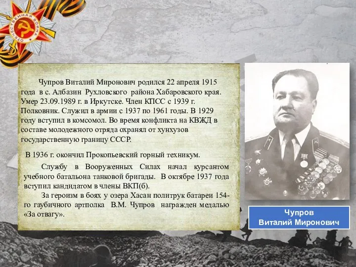 Чупров Виталий Миронович родился 22 апреля 1915 года в с. Албазин