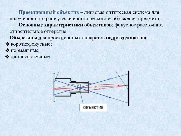 Проекционный объектив – линзовая оптическая система для получения на экране увеличенного