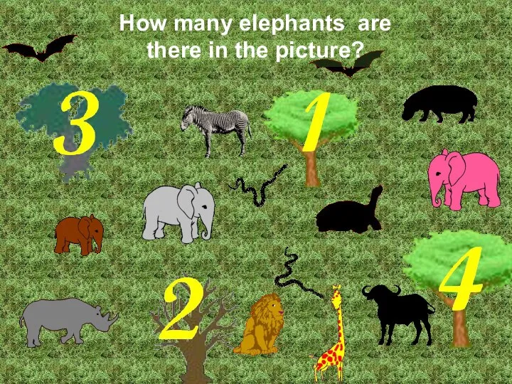 How many elephants are there in the picture? Correct! There are 3 elephants.
