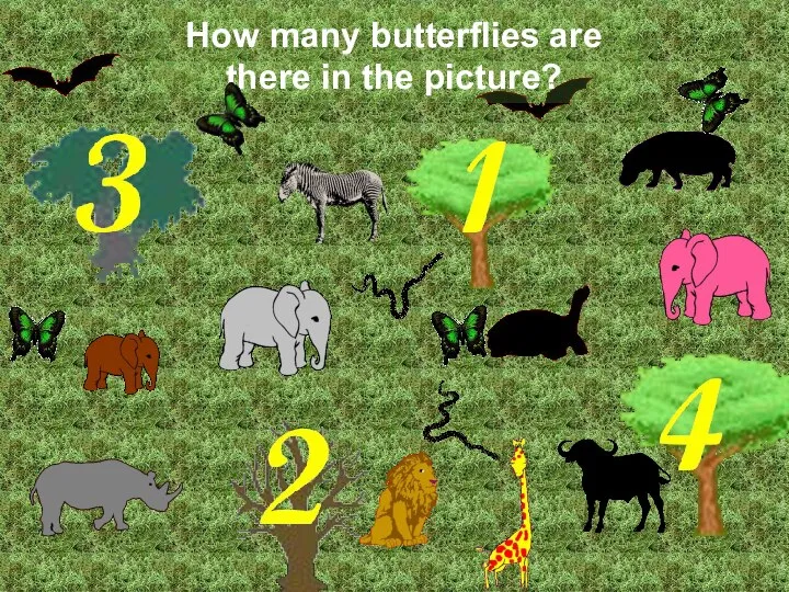How many butterflies are there in the picture? Correct! There are 4 butterflies.
