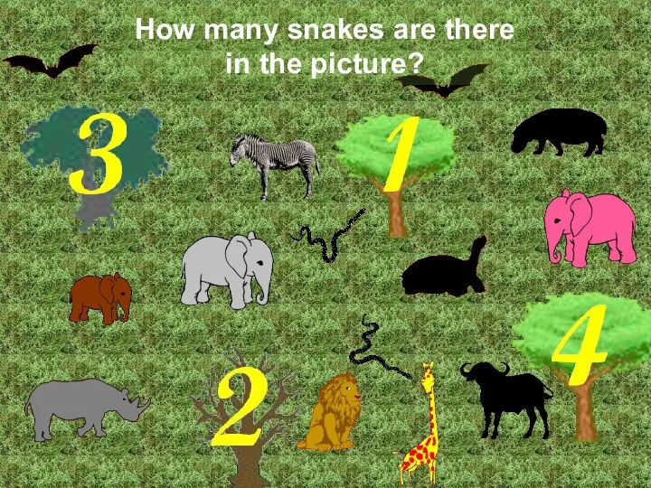 How many snakes are there in the picture? Correct! There are 2 snakes.