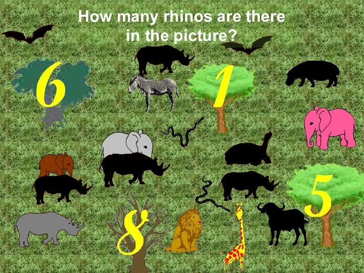 How many rhinos are there in the picture? Correct! There are 5 rhinos.