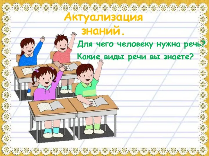 Актуализация знаний. Для чего человеку нужна речь? Какие виды речи вы знаете?