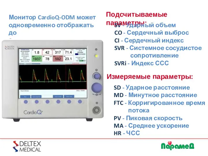 Монитор CardioQ-ODM может одновременно отображать до 8 параметров на экране. Подсчитываемые