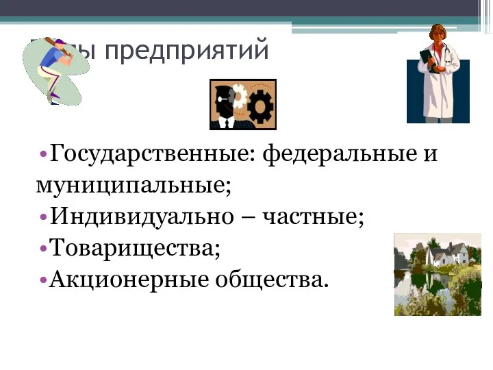 Типы предприятий Государственные: федеральные и муниципальные; Индивидуально – частные; Товарищества; Акционерные общества.