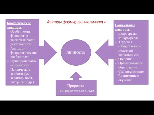 Факторы формирования личности ЛИЧНОСТЬ Природно-географическая среда Биологические факторы: Особенности физиологии высшей