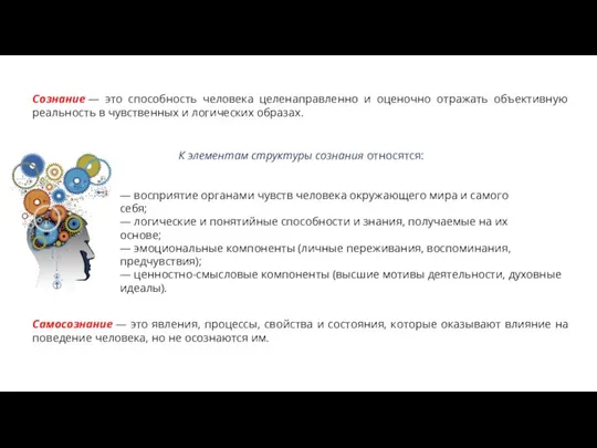 Сознание — это способность человека целенаправленно и оценочно отражать объективную реальность