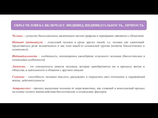 ОБРАЗ ЧЕЛОВЕКА ВКЛЮЧАЕТ: ИНДИВИД, ИНДИВИДУАЛЬНОСТЬ, ЛИЧНОСТЬ Индивид (индивидуум) – отдельный человек