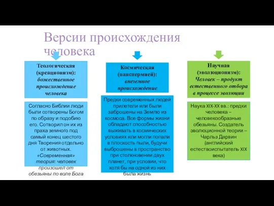 Версии происхождения человека Теологическая (креационизм): божественное происхождение человека Научная (эволюционизм): Человек