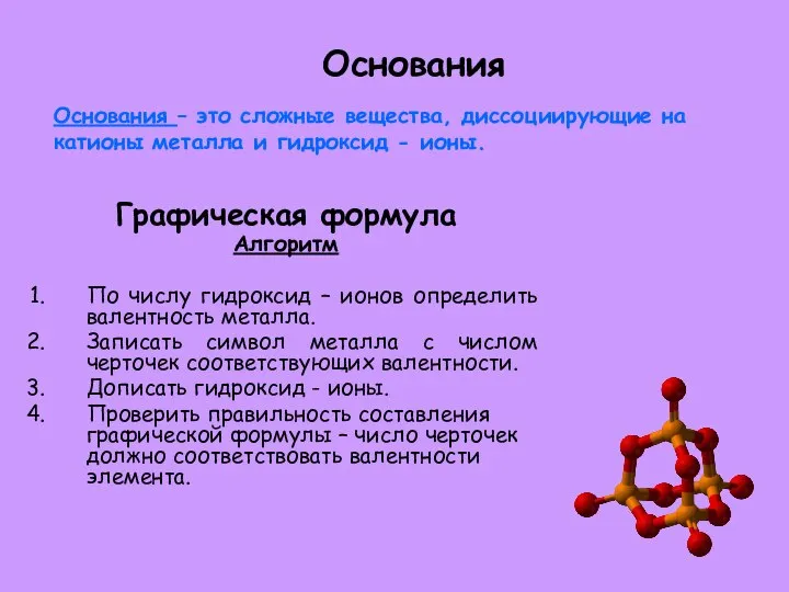 Основания Основания – это сложные вещества, диссоциирующие на катионы металла и