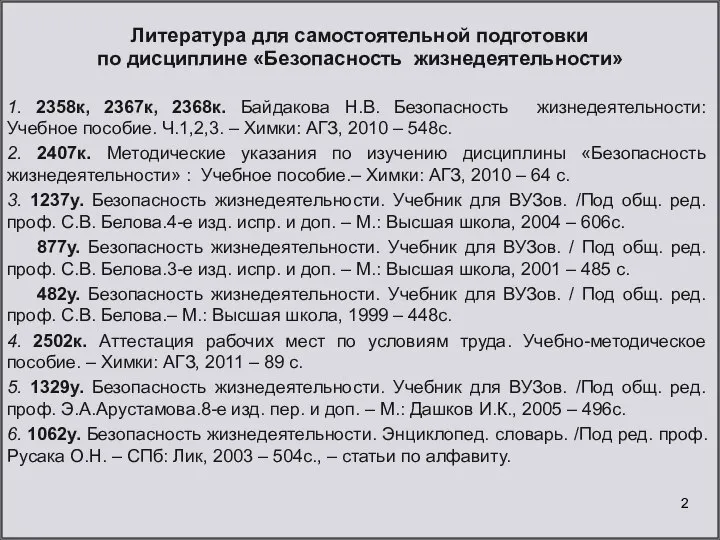 Литература для самостоятельной подготовки по дисциплине «Безопасность жизнедеятельности» 1. 2358к, 2367к,