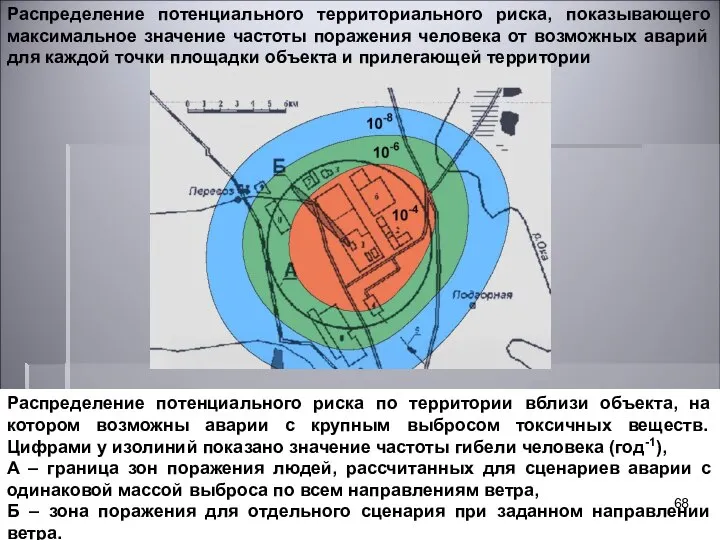 Распределение потенциального территориального риска, показывающего максимальное значение частоты поражения человека от