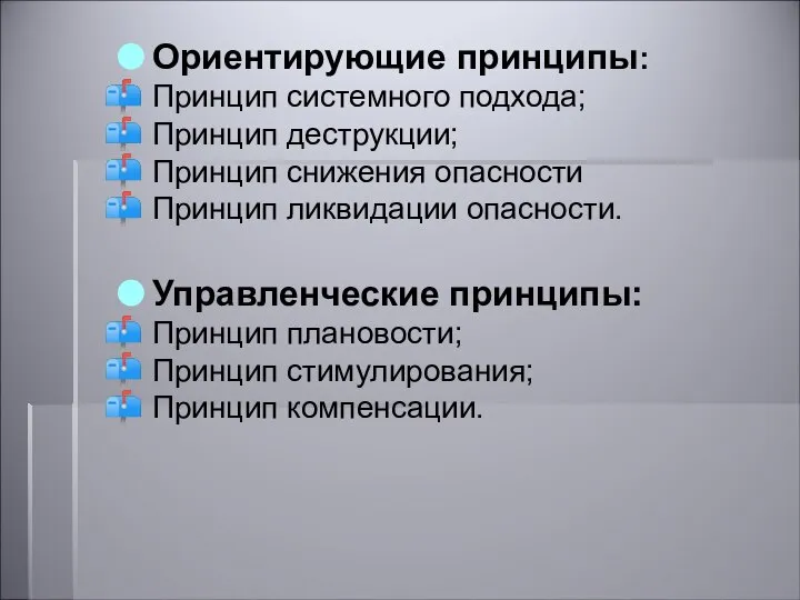 Ориентирующие принципы: Принцип системного подхода; Принцип деструкции; Принцип снижения опасности Принцип