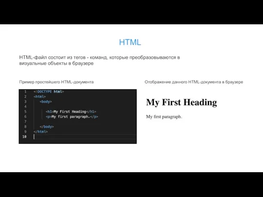 HTML HTML-файл состоит из тегов - команд, которые преобразовываются в визуальные