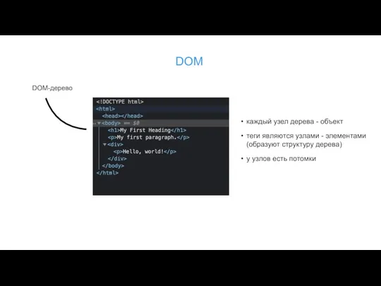 DOM DOM-дерево каждый узел дерева - объект теги являются узлами -