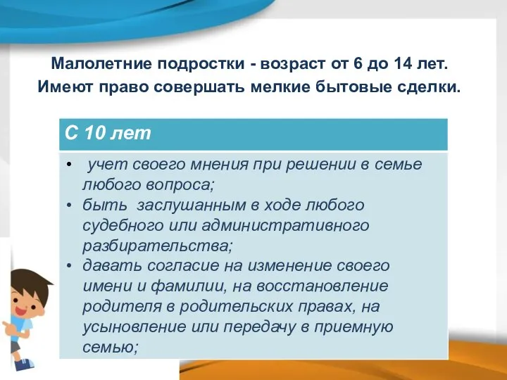 Малолетние подростки - возраст от 6 до 14 лет. Имеют право совершать мелкие бытовые сделки.