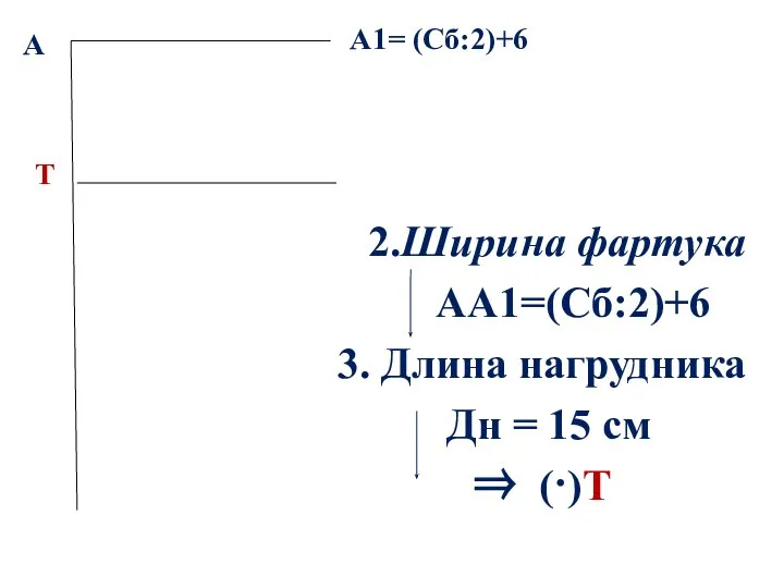 А 2.Ширина фартука АА1=(Сб:2)+6 3. Длина нагрудника Дн = 15 см А1= (Сб:2)+6 ⇒ (·)Т Т