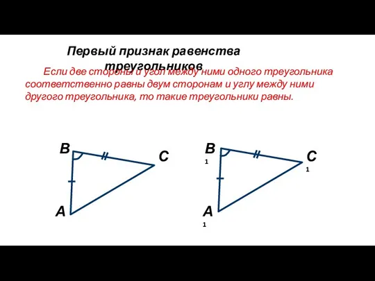 Первый признак равенства треугольников Если две стороны и угол между ними