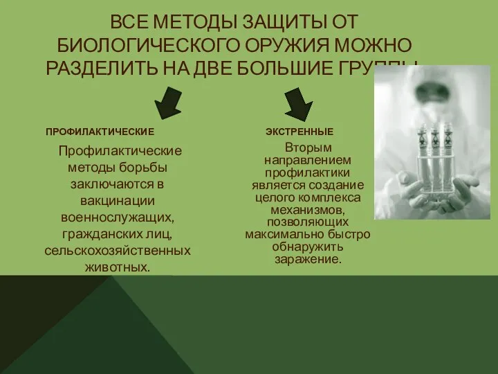 ВСЕ МЕТОДЫ ЗАЩИТЫ ОТ БИОЛОГИЧЕСКОГО ОРУЖИЯ МОЖНО РАЗДЕЛИТЬ НА ДВЕ БОЛЬШИЕ