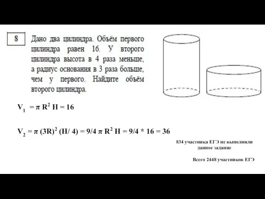 V1 = π R2 H = 16 V2 = π (3R)2