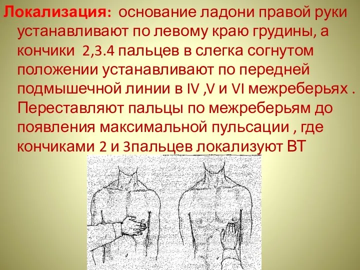 Локализация: основание ладони правой руки устанавливают по левому краю грудины, а