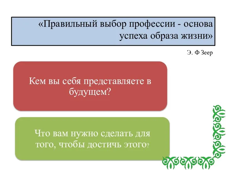 «Правильный выбор профессии - основа успеха образа жизни» Э. Ф Зеер