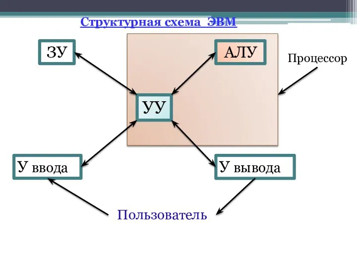 УУ ЗУ У вывода У ввода АЛУ Пользователь Процессор Структурная схема ЭВМ