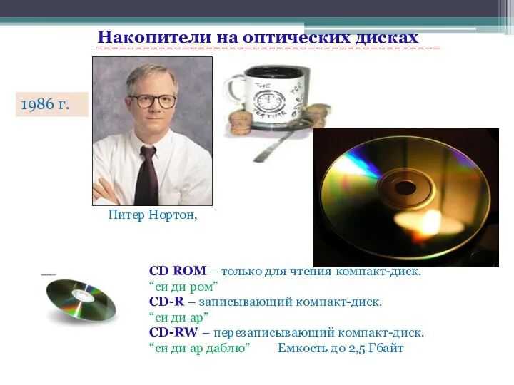 Накопители на оптических дисках 1986 г. Питер Нортон, CD ROM –