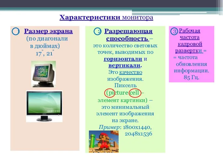 Характеристики монитора 3 Рабочая частота кадровой развертки = = частота обновления информации. 85 Гц.