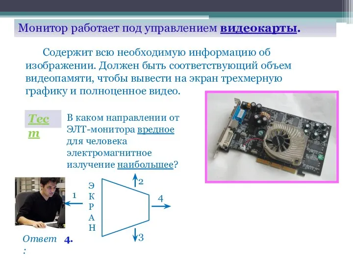 Монитор работает под управлением видеокарты. Содержит всю необходимую информацию об изображении.