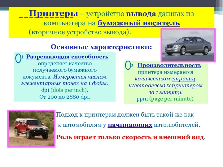 Принтеры – устройство вывода данных из компьютера на бумажный носитель (вторичное