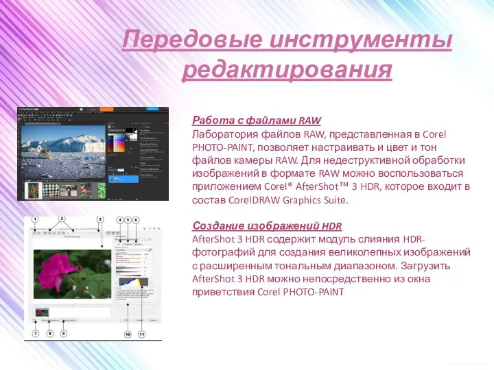Передовые инструменты редактирования Работа с файлами RAW Лаборатория файлов RAW, представленная