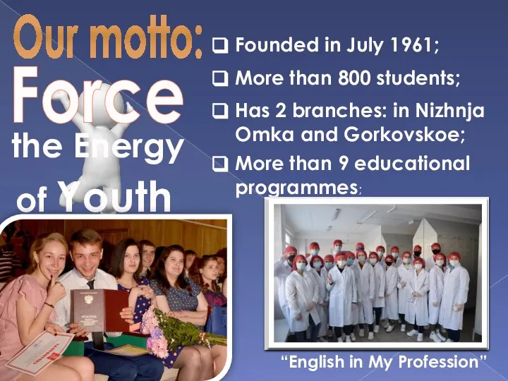 Our motto: Force the Energy of Youth “English in My Profession”