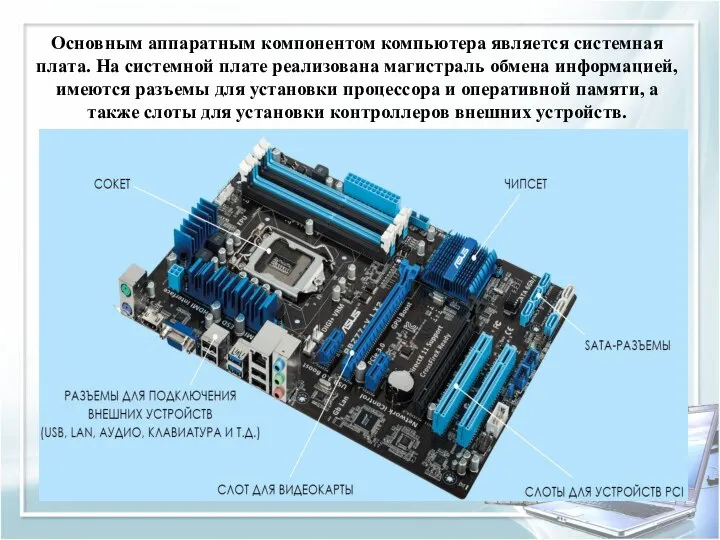 Основным аппаратным компонентом компьютера является системная плата. На системной плате реализована