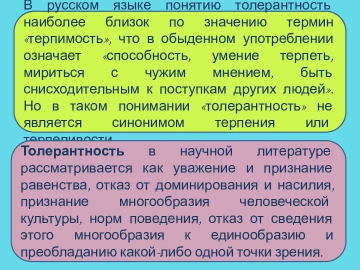 В русском языке понятию толерантность наиболее близок по значению термин «терпимость»,