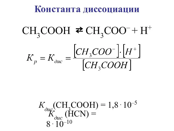 Константа диссоциации Кдис(СН3СООН) = 1,8⋅10–5 Кдис (НСN) = 8⋅10–10 СН3СООН ⇄ СН3СОО– + Н+