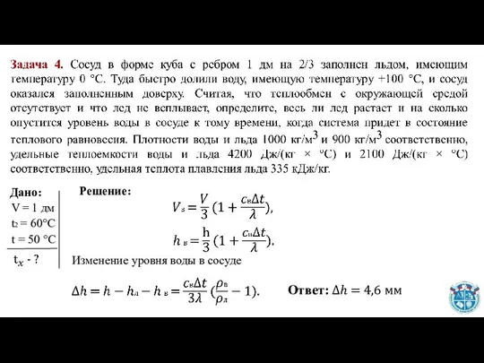 Изменение уровня воды в сосуде Ответ: Δℎ = 4,6 мм