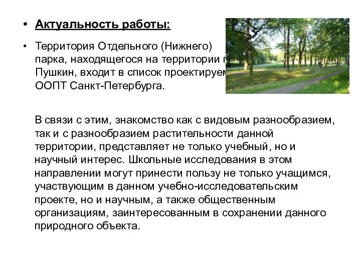 Актуальность работы: Территория Отдельного (Нижнего) парка, находящегося на территории г.Пушкин, входит