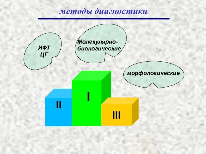 II методы диагностики III Молекулярно- биологические ИФТ ЦГ морфологические I