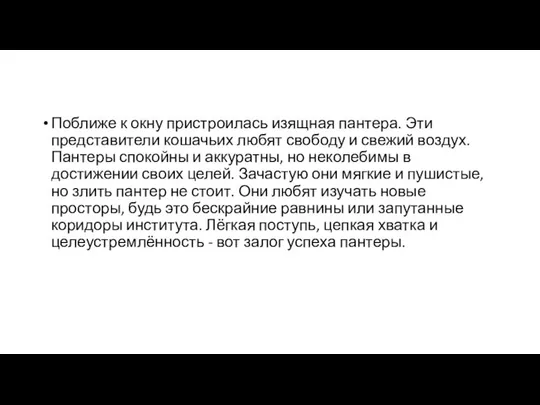 Поближе к окну пристроилась изящная пантера. Эти представители кошачьих любят свободу