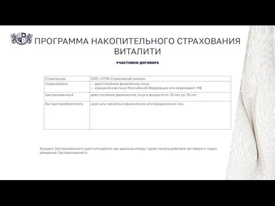 ПРОГРАММА НАКОПИТЕЛЬНОГО СТРАХОВАНИЯ ВИТАЛИТИ УЧАСТНИКИ ДОГОВОРА Возраст Застрахованного рассчитывается как разница