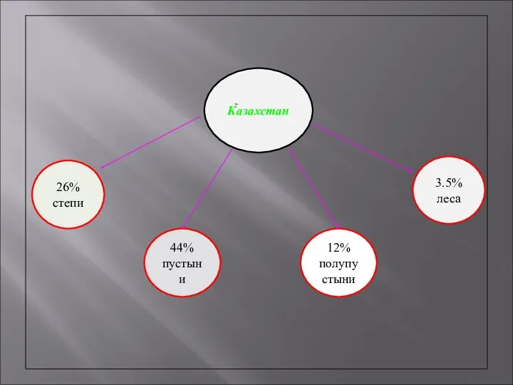 Казахстан 26% степи 44% пустыни 12% полупустыни 3.5% леса