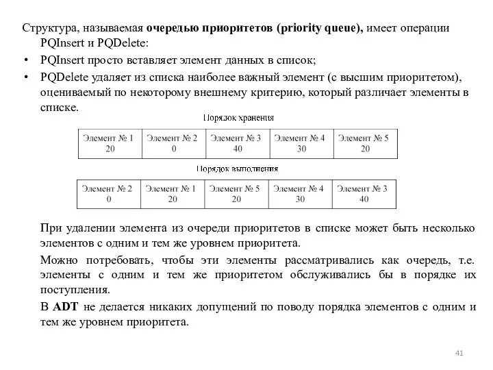 Структура, называемая очередью приоритетов (priority queue), имеет опeрации PQInsert и PQDelete: