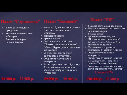 Пакет “Слушатель” Пакет “Базовый” Пакет “VIP” 4 месяца обучающая программа Участие