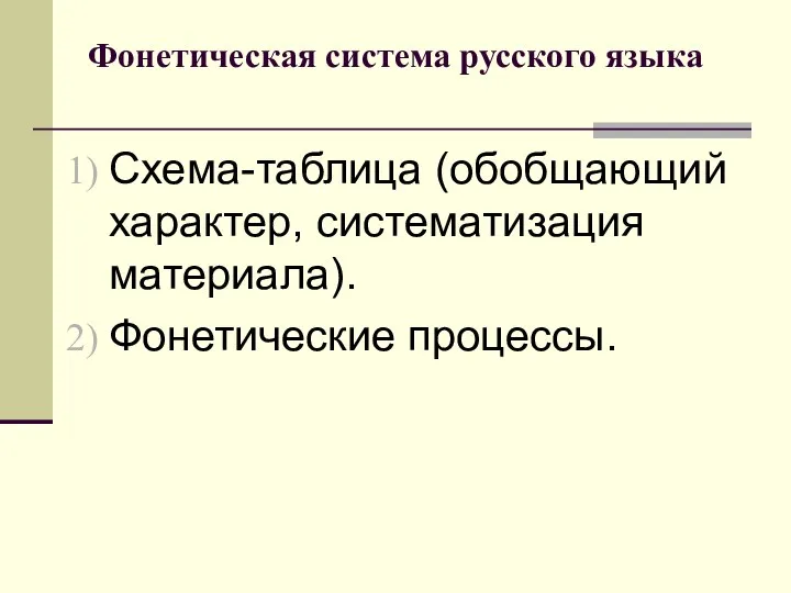 Фонетическая система русского языка Схема-таблица (обобщающий характер, систематизация материала). Фонетические процессы.